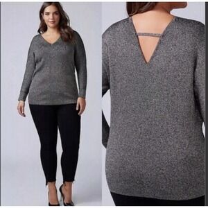 Lane Bryant Sweater Size 14/16 Black & Silver Metallic V Neck Peekaboo Back